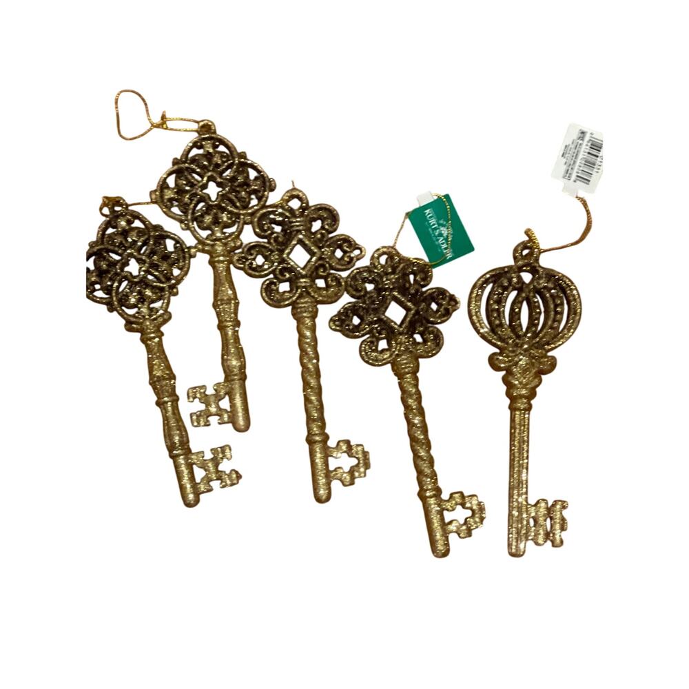 Kurt Adler set of 5 Gold Glitter Key Christmas Tree Ornaments